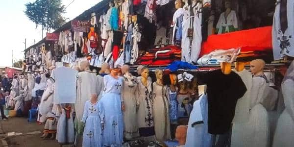Addis Ababa shopping tour, street display of Ethiopian traditional clothes