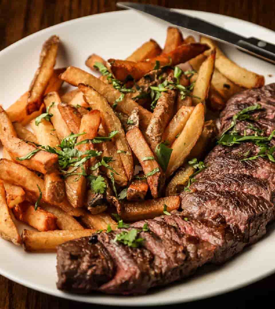 Menu, steak served with french fries